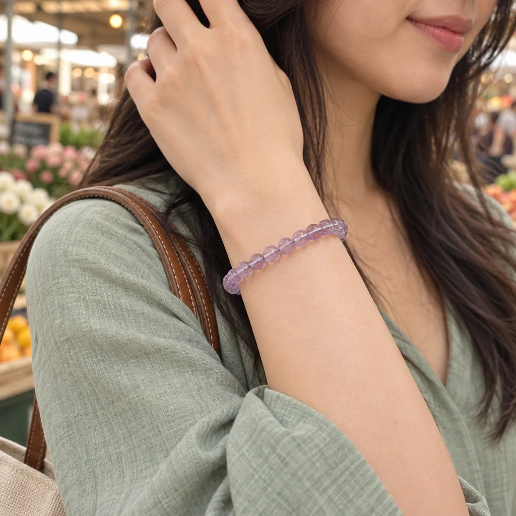 Bracelet à boules en Améthyste claire · 7 mm · Brésil · Grade A+ — vue portée 1