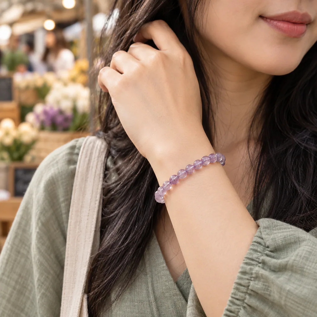 Bracelet à boules en Améthyste claire · 7 mm · Brésil · Grade A+ — vue portée 1