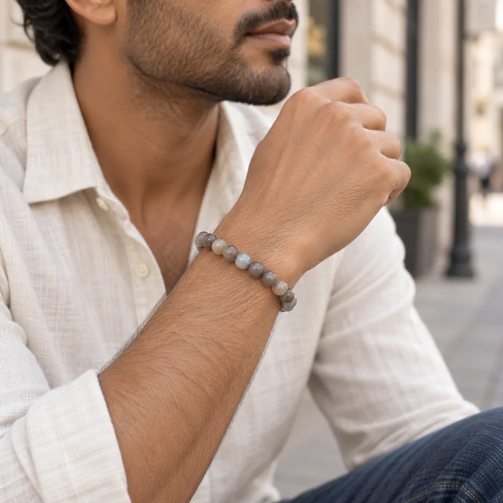 Bracelet à boules en Pierre de lune noire · 7 mm · Inde · Grade AA — vue portée 2