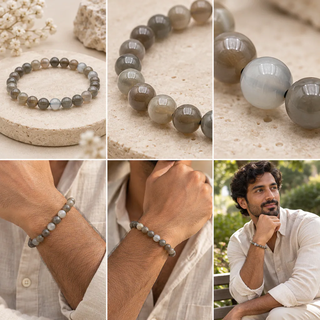 Bracelet à boules en Pierre de lune noire · 7 mm · Inde · Grade AA — vue portée 3