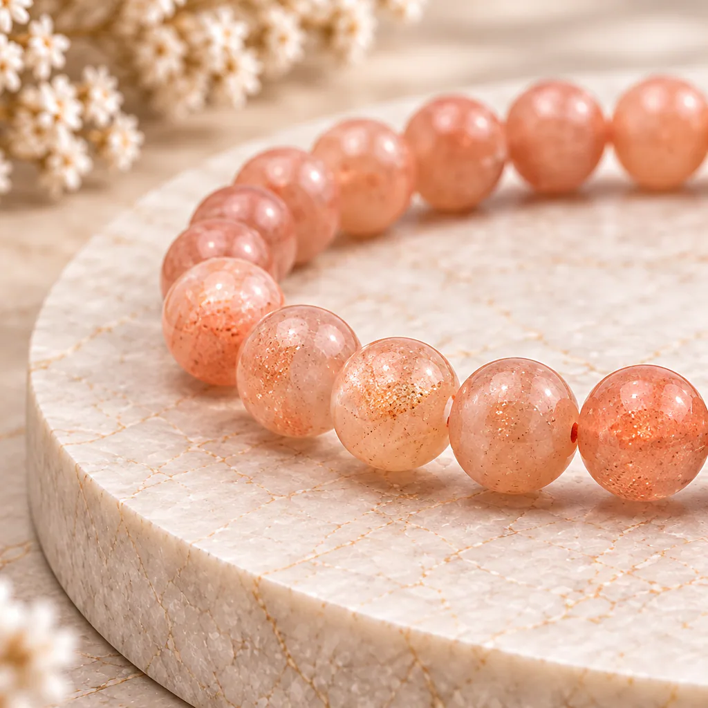 Bracelet à boules en Pierre de soleil · 7 mm · Inde · Grade A — vue studio 2