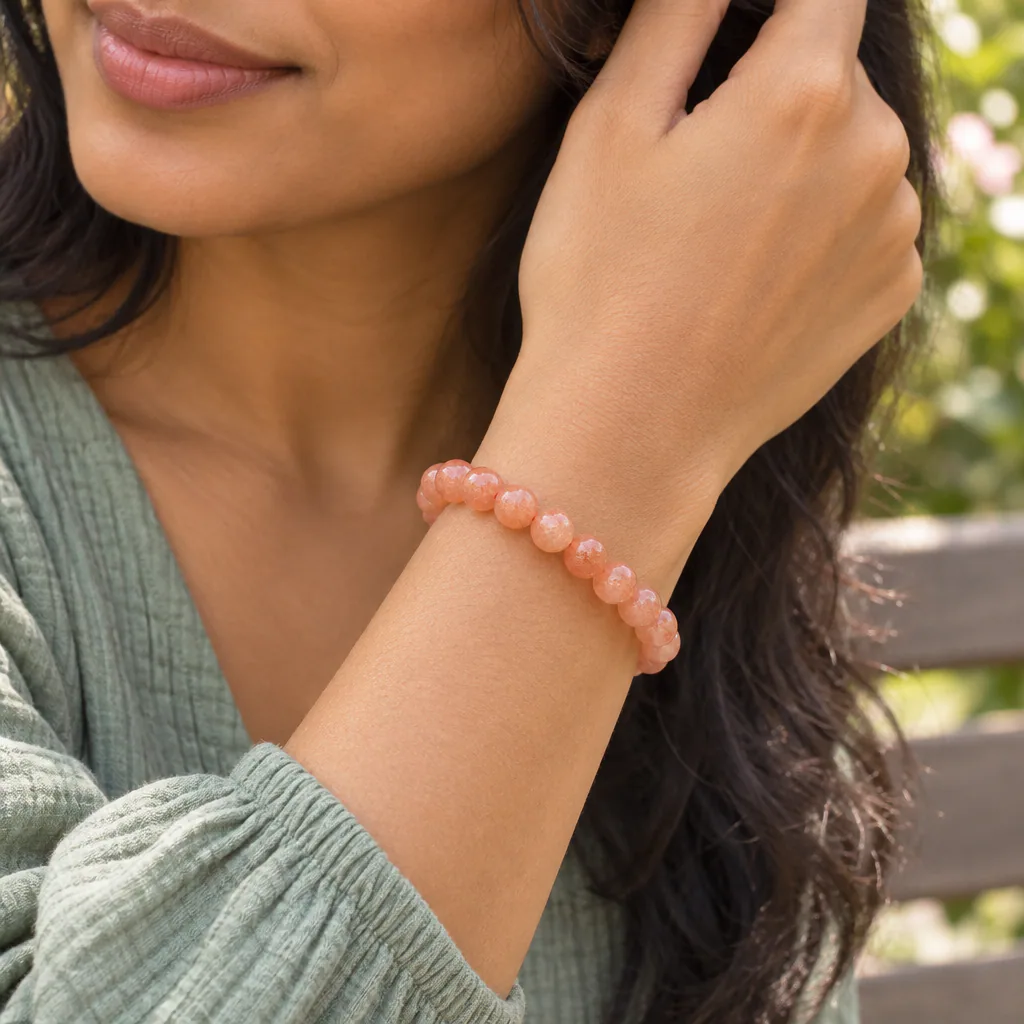 Bracelet à boules en Pierre de soleil · 7 mm · Inde · Grade A — vue portée 1
