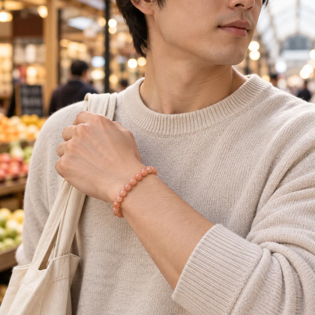 Bracelet à boules en Pierre de soleil · 7 mm · Inde · Grade A — vue portée 2