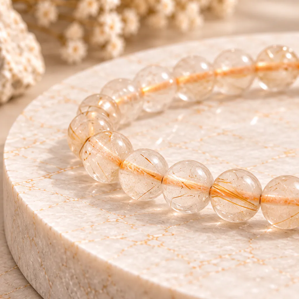 Bracelet à boules en Cristal de roche « inclusion rutile » · 5 mm · Brésil · Grade A+ — vue studio 2