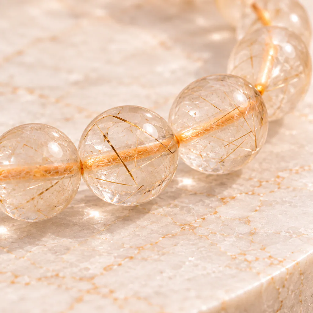 Bracelet à boules en Cristal de roche « inclusion rutile » · 5 mm · Brésil · Grade A+ — vue studio 3