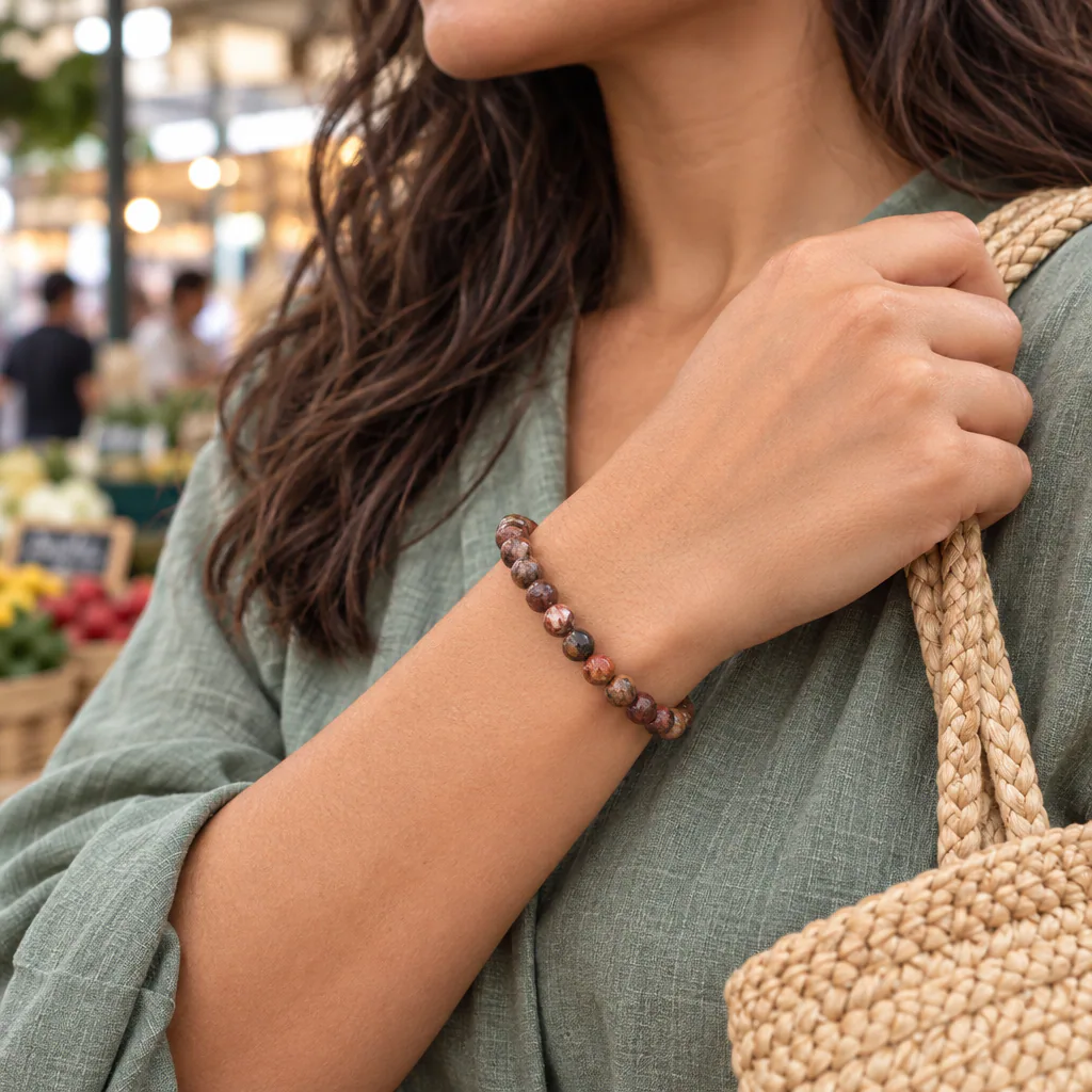 Bracelet à boules en Jaspe léopard · 6 mm · Brésil · Grade A+ — vue portée 1