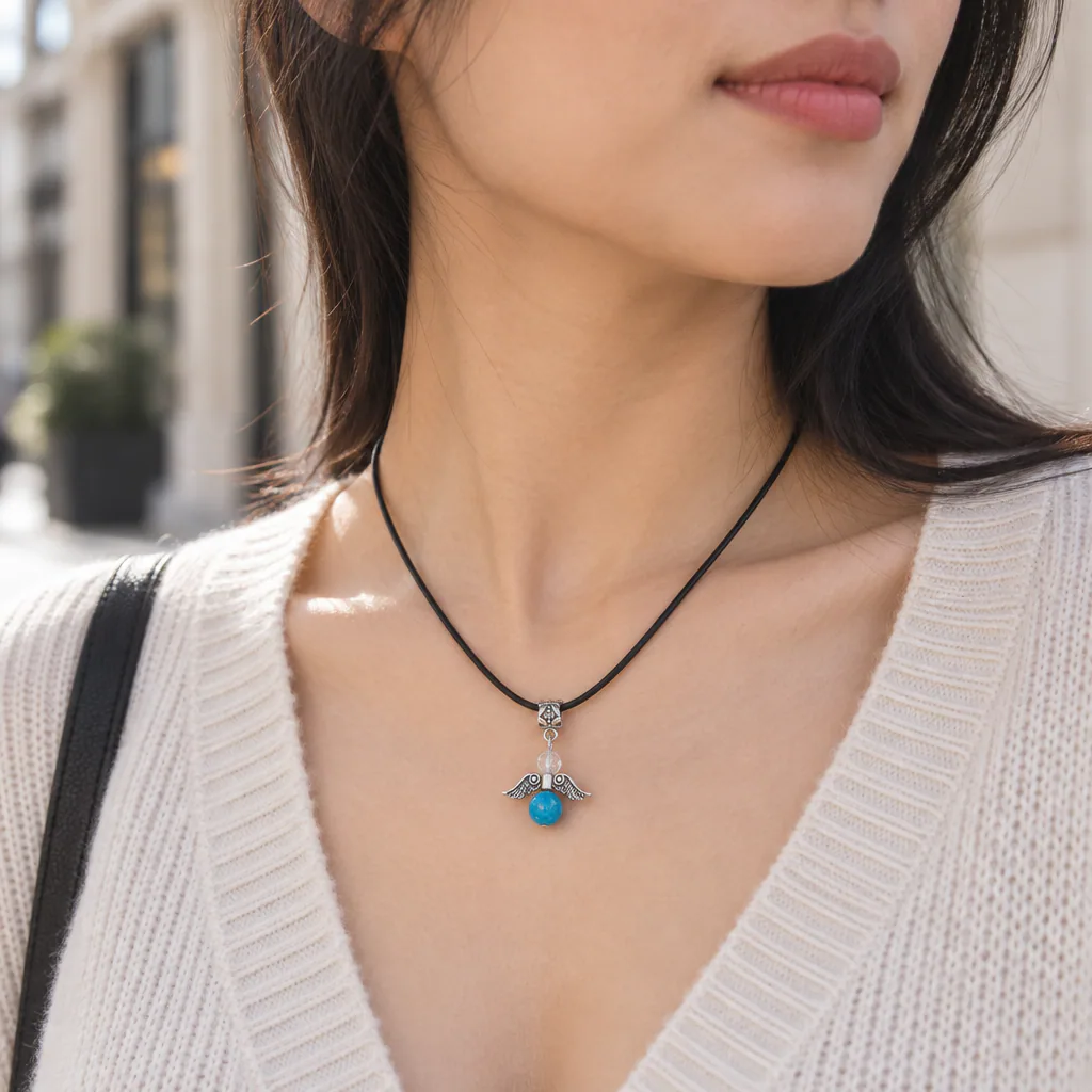 Pendentif « Avelune » · Apatite bleue · 7 mm · Madagascar · Grade A+ — vue portée 1