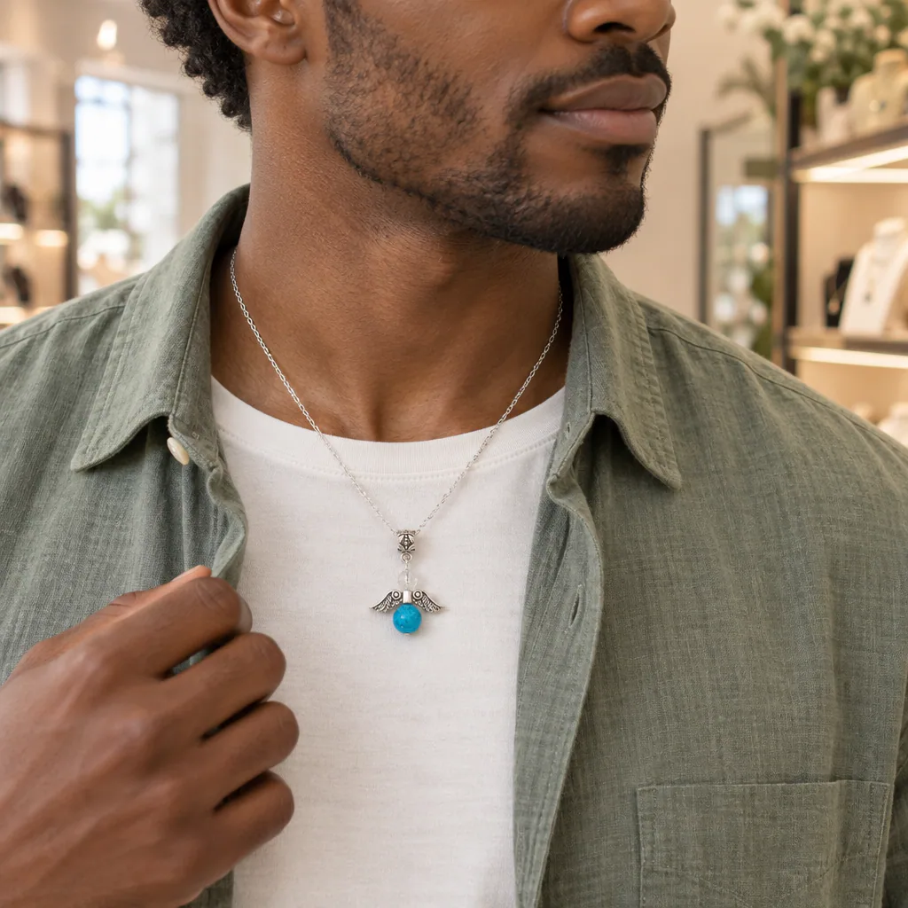 Pendentif « Avelune » · Apatite bleue · 7 mm · Madagascar · Grade A+ — vue portée 2