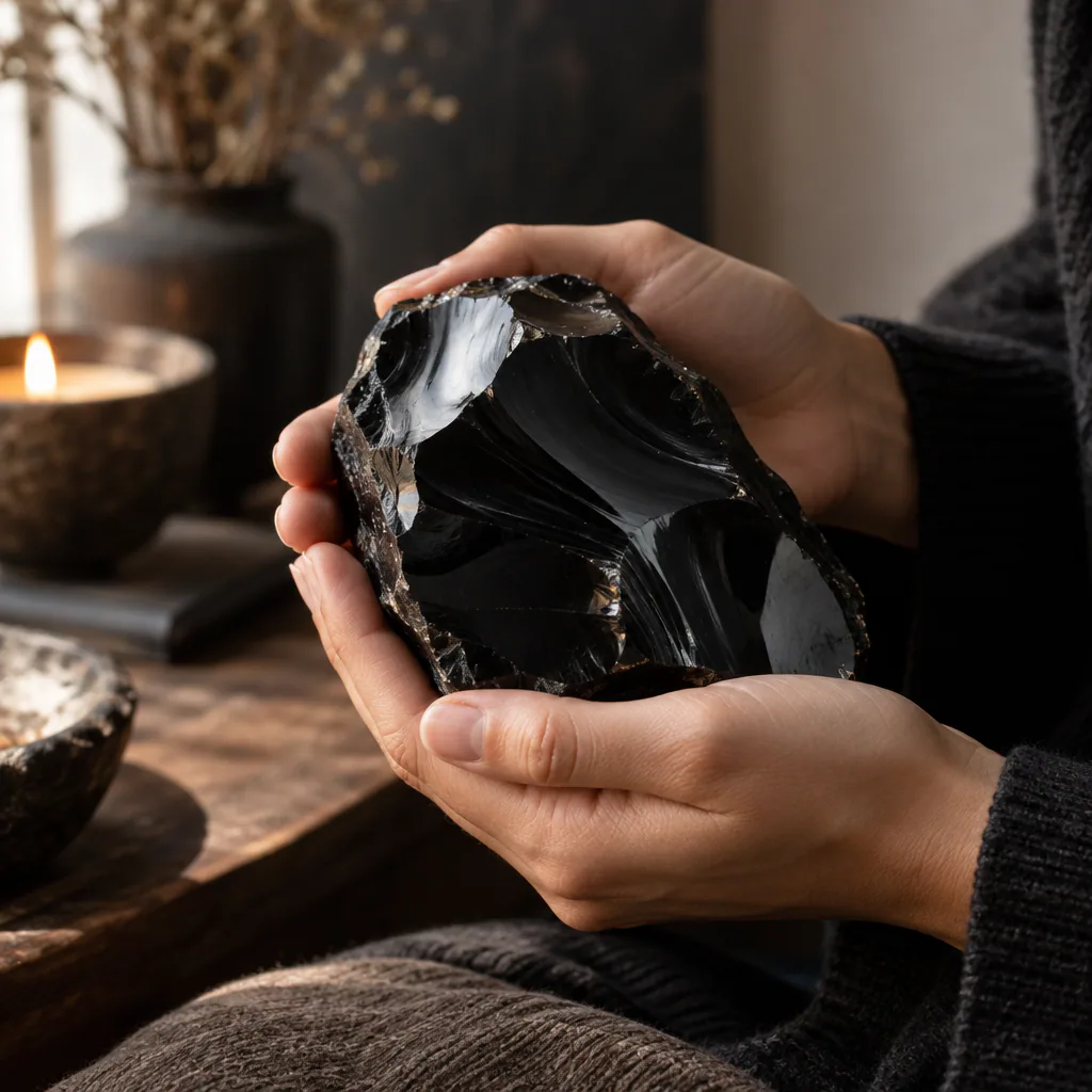 Une obsidienne noire tenue entre les mains dans une lumière naturelle