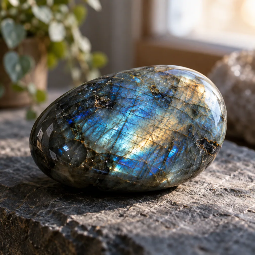 Labradorite aux reflets bleutés dans une lumière hivernale