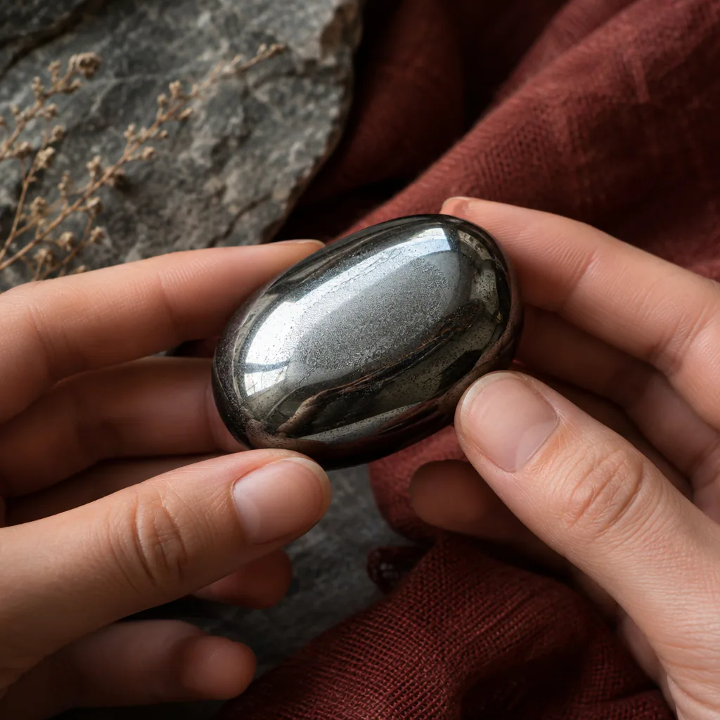 Hématite polie tenue entre les mains dans une lumière douce