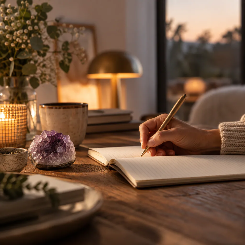 Écriture du soir dans un carnet avec une améthyste