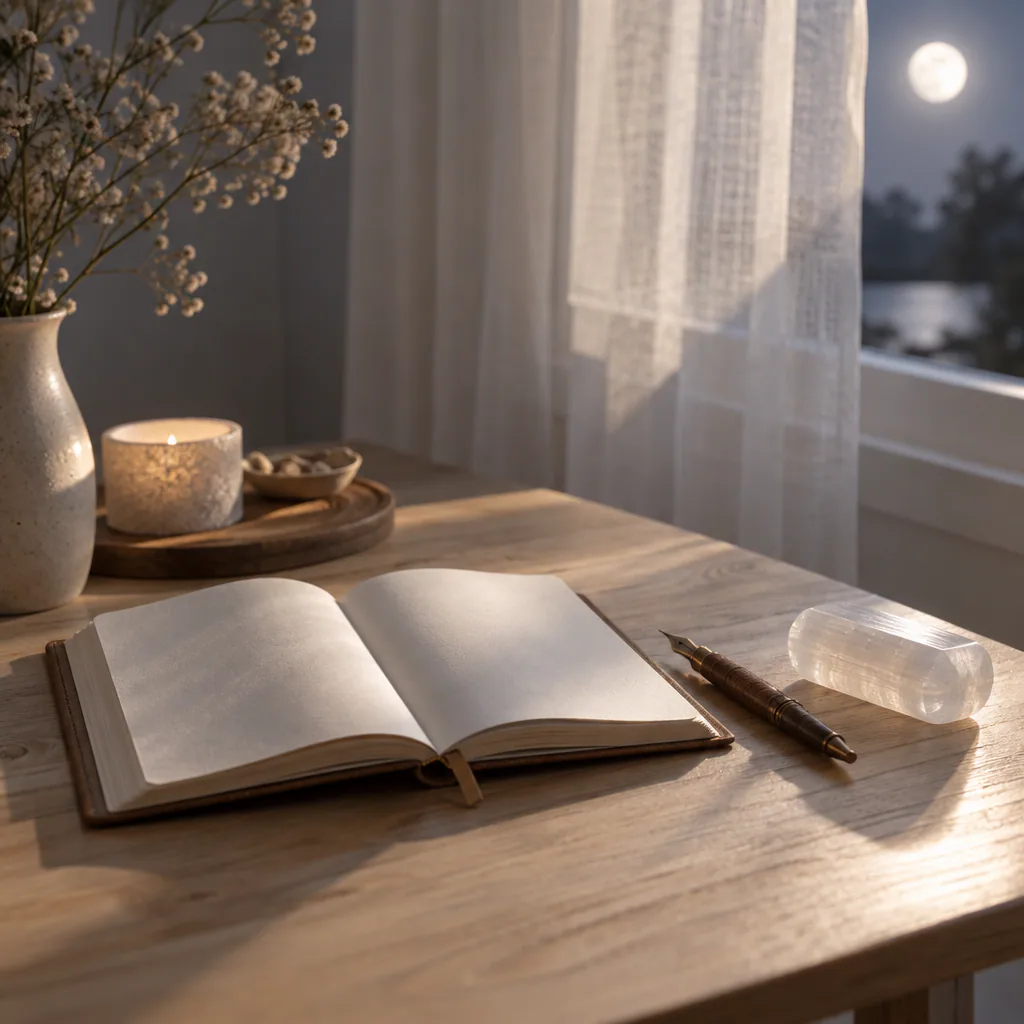 Carnet et sélénite sur une table éclairée par la lune