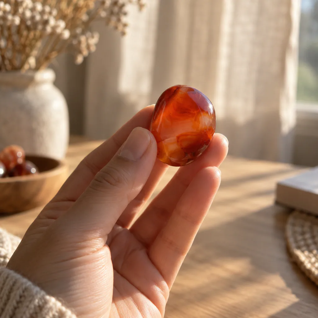 Main tenant une cornaline dans la lumière douce de l’aube