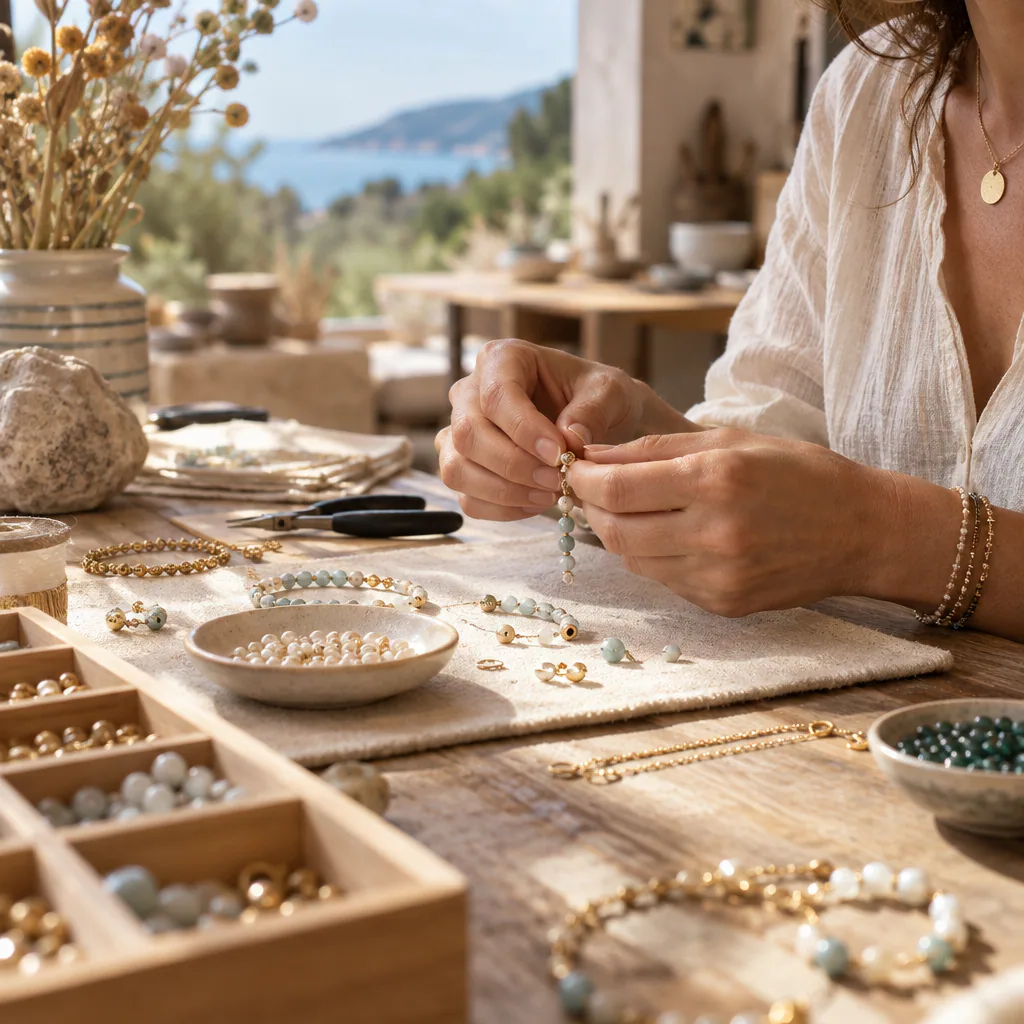 Mains assemblant un bijou artisanal dans un atelier lumineux