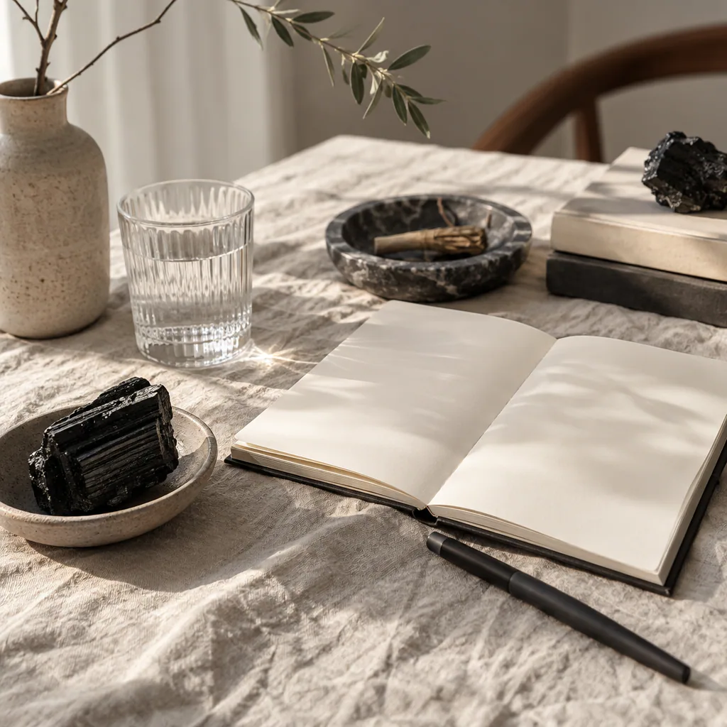 Carnet, verre d’eau et tourmaline noire réunis pour un rituel d’écriture