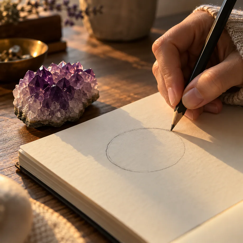 Une main trace un cercle dans un carnet près d’une améthyste
