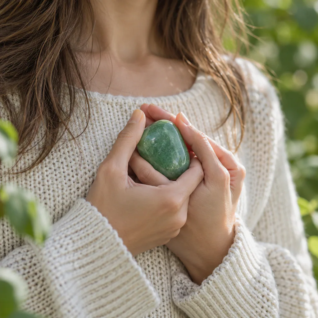 Pierre d’aventurine verte tenue entre les mains