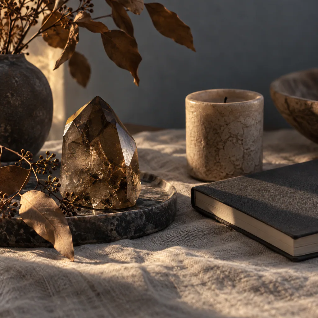 Quartz fumé et carnet dans une lumière de fin de journée