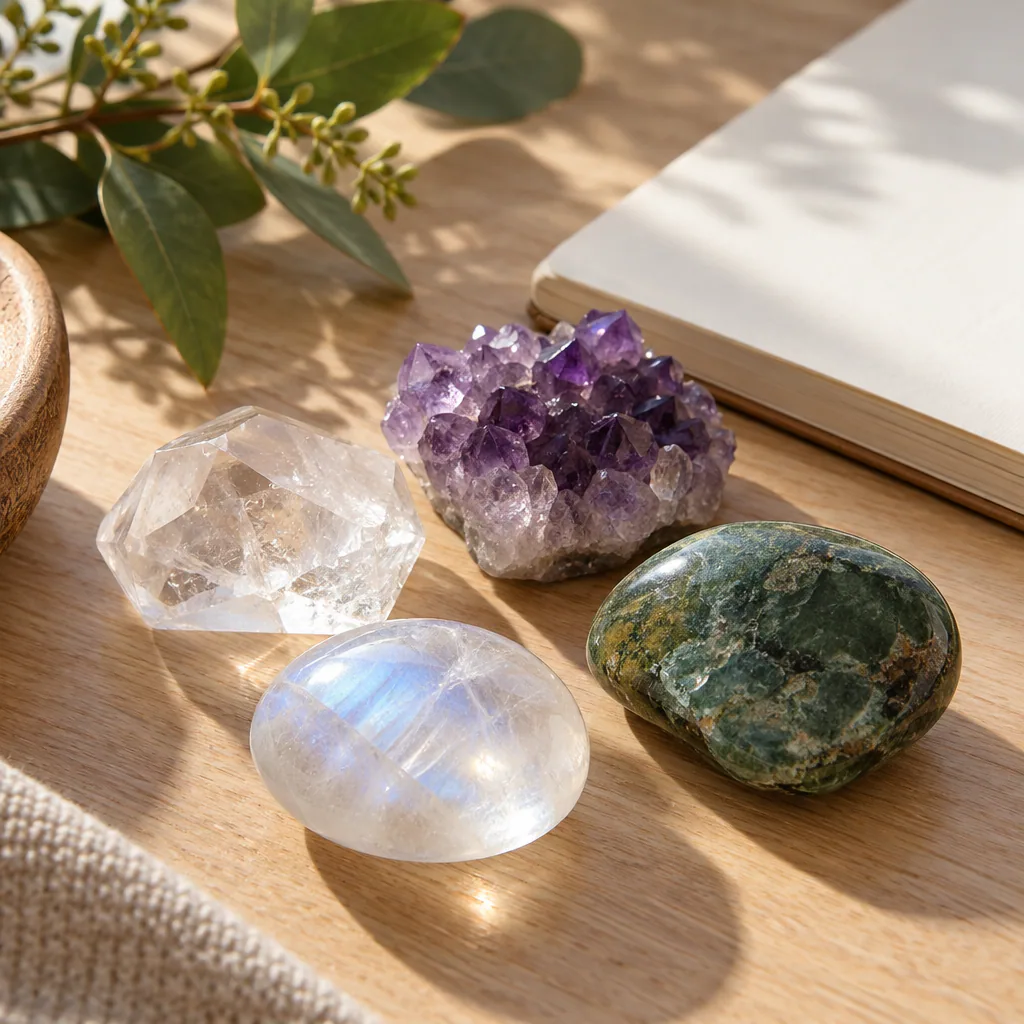 Pierres naturelles choisies pour un rituel d’intention à la nouvelle lune