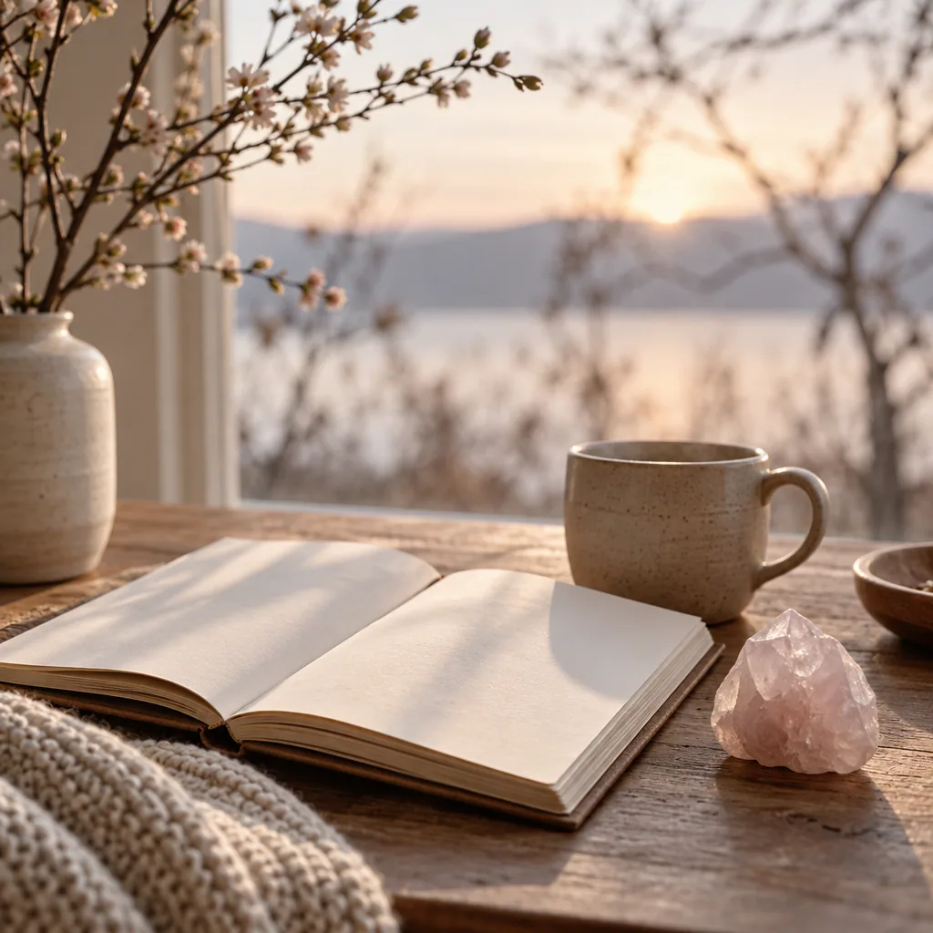Carnet, quartz rose et tasse près d’une fenêtre