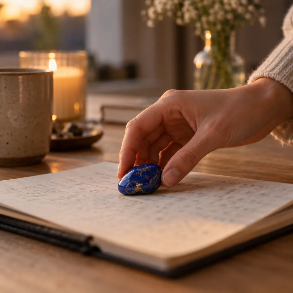 Main posant un lapis-lazuli sur un carnet au crépuscule