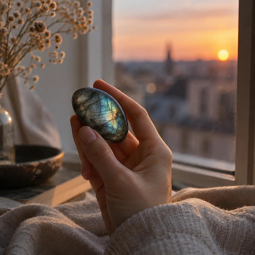 Main tenant une labradorite près d'une fenêtre au crépuscule