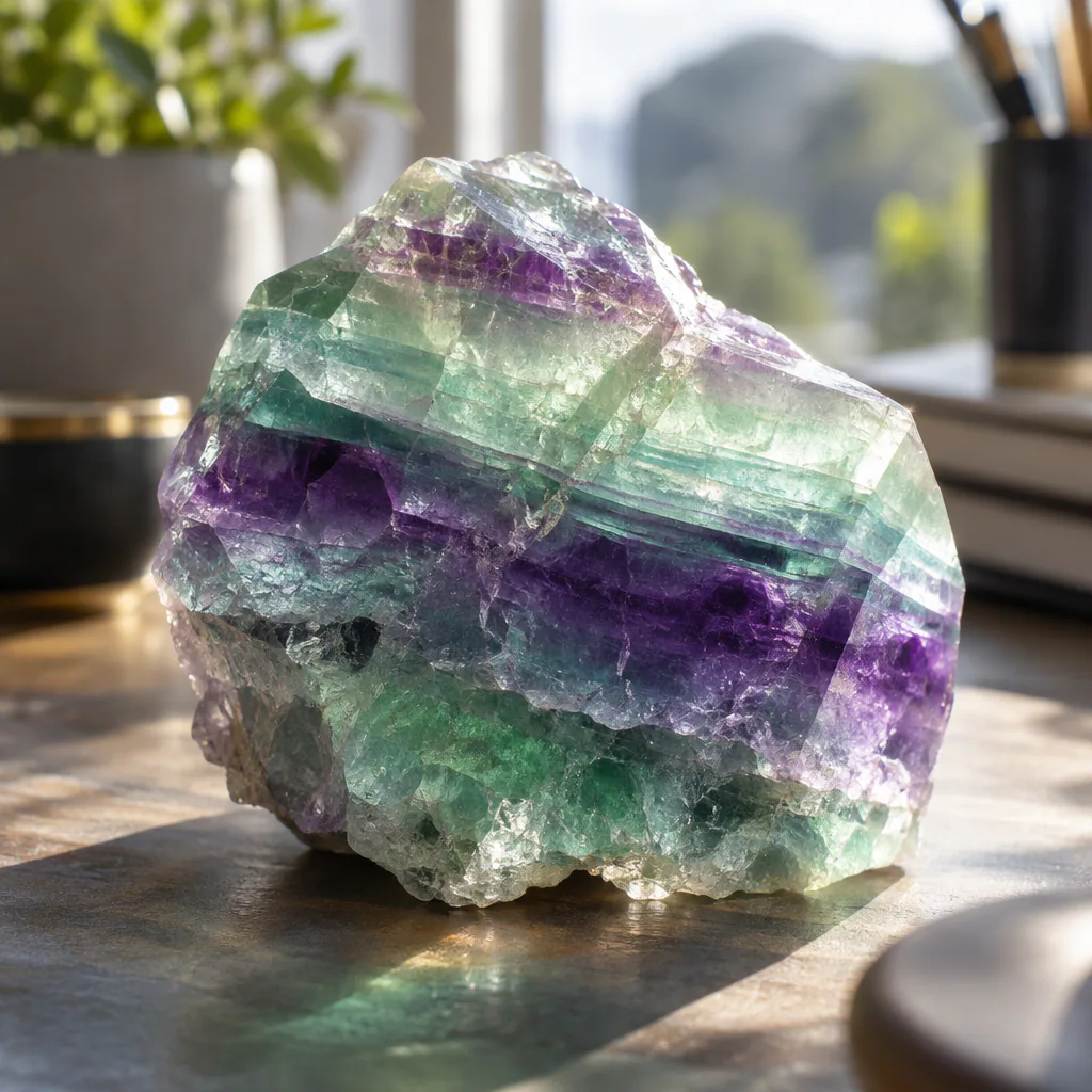 Détails translucides d’une fluorite éclairée par la lumière
