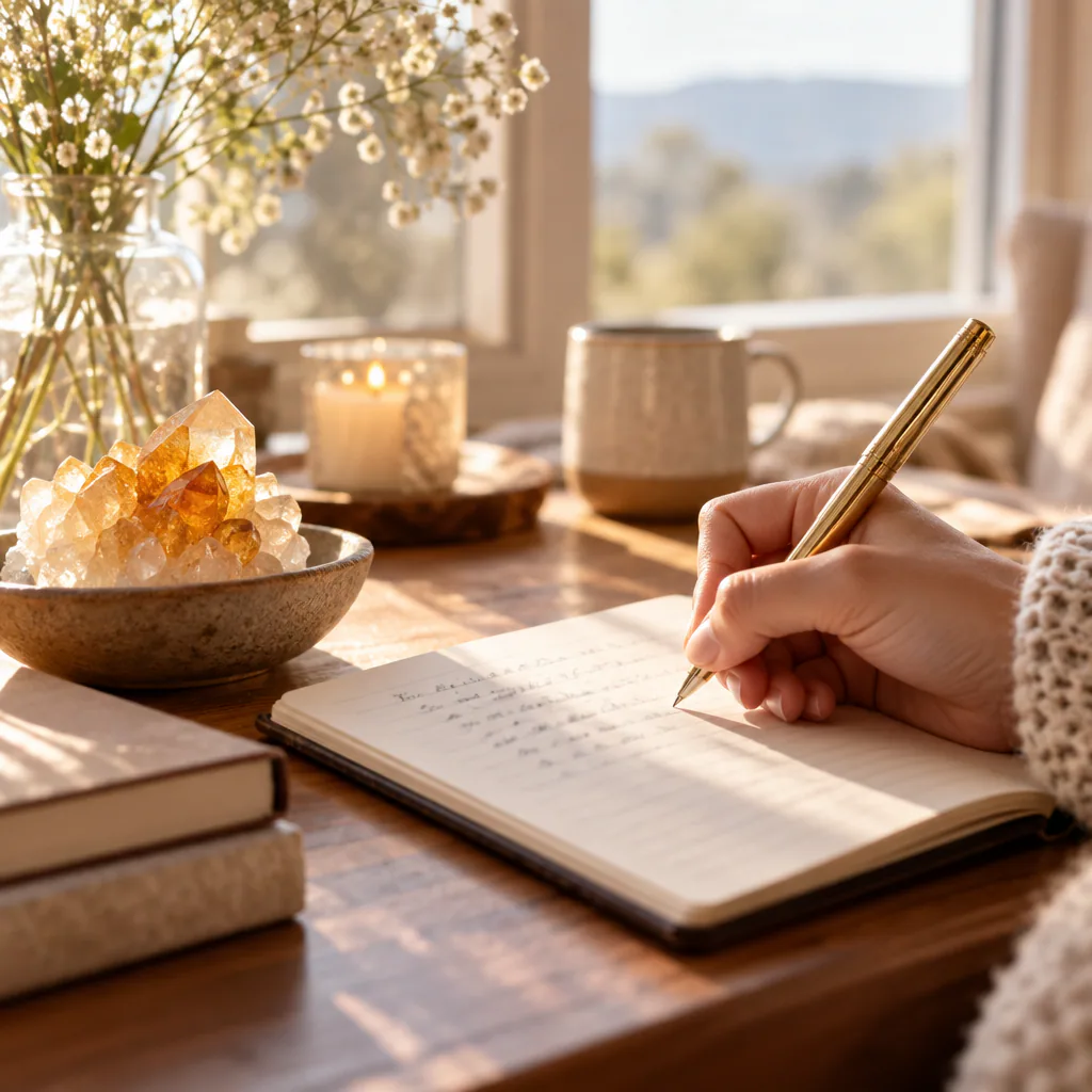 Écriture d’une intention près d’une citrine