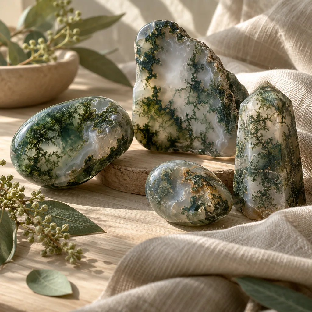 Agates mousse et éléments végétaux dans une lumière printanière