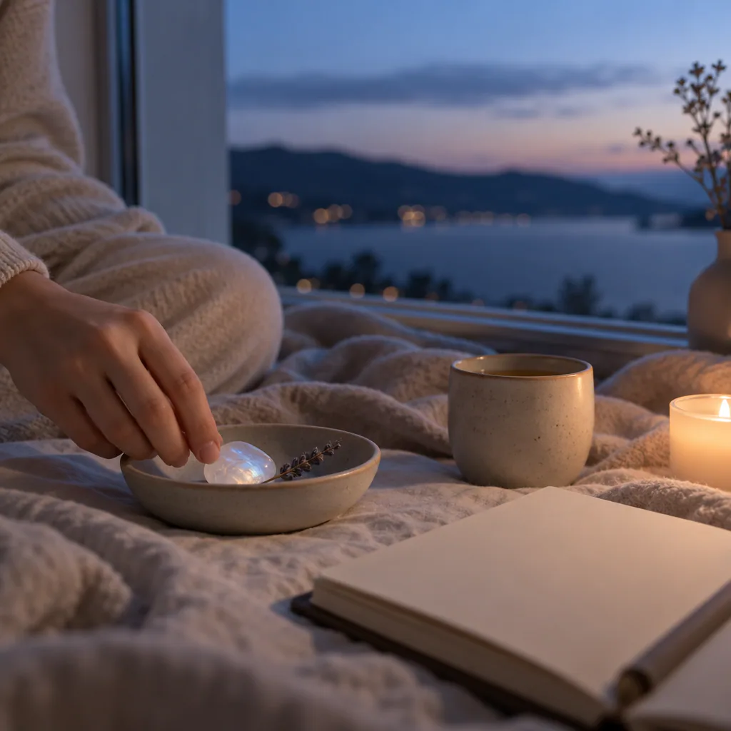 Rituel du soir avec pierre de lune, carnet et lumière du crépuscule