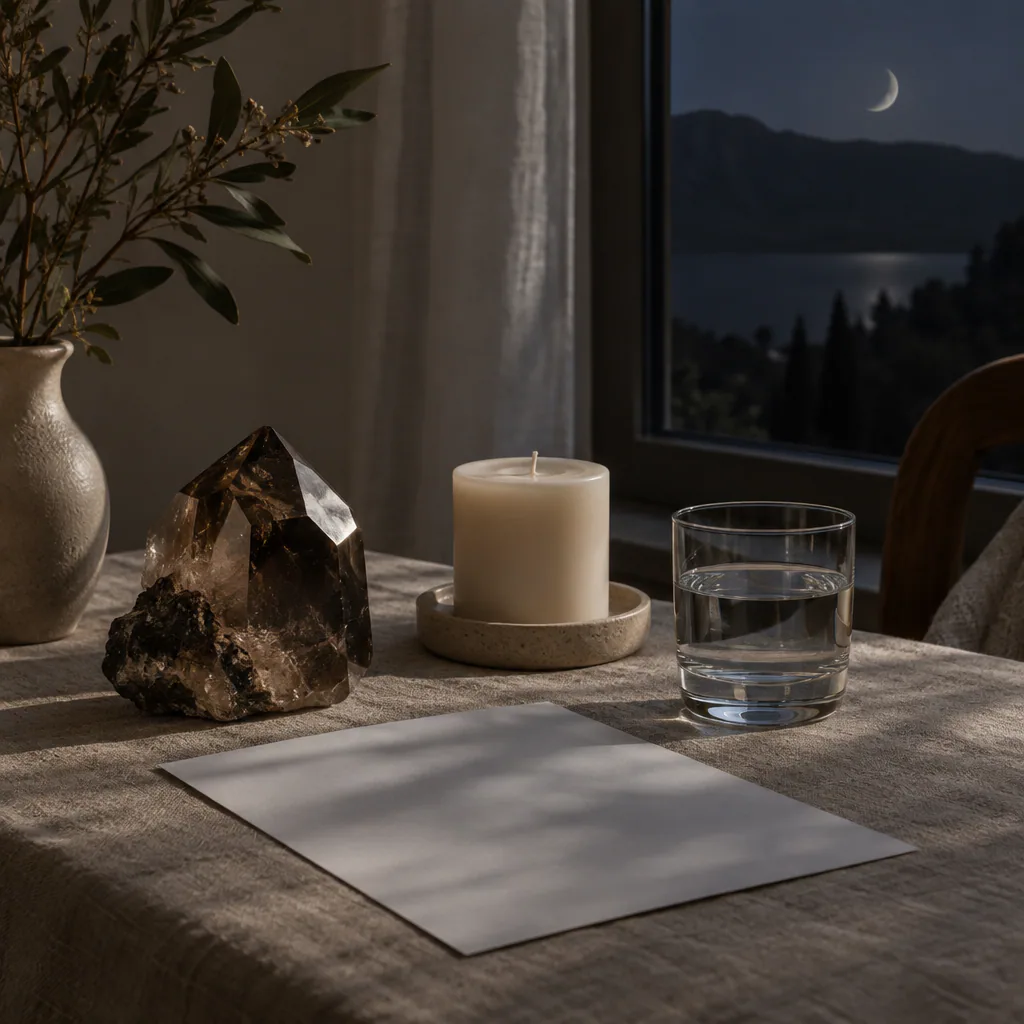 Espace préparé pour un rituel d’ancrage à la nouvelle lune