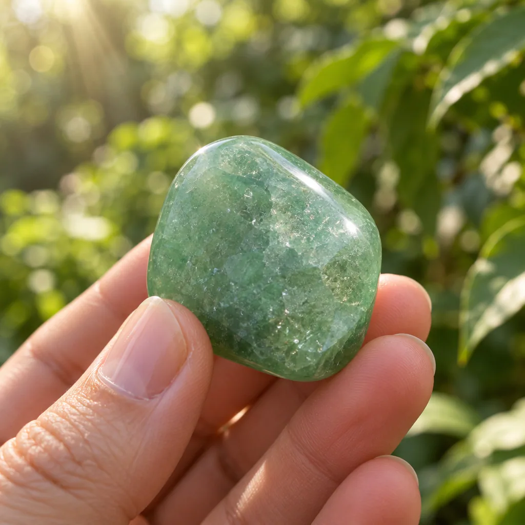 Aventurine verte tenue dans une main au milieu d’un décor printanier