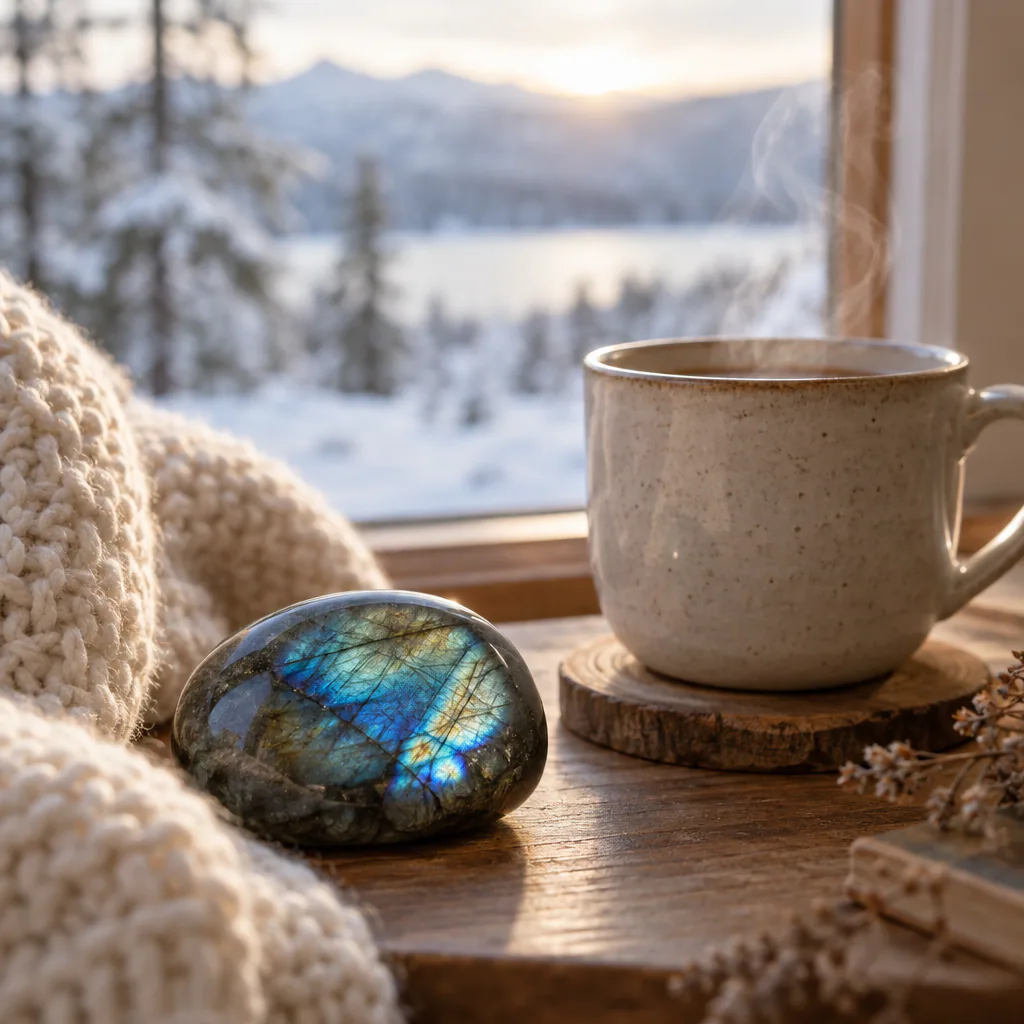 Labradorite et tasse chaude dans une ambiance hivernale