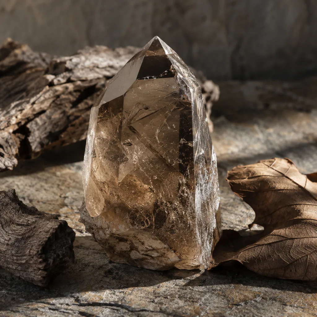 Détails et transparences d’un quartz fumé dans une lumière naturelle