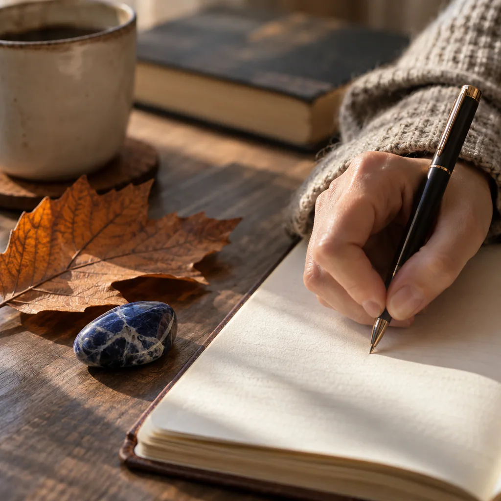 Écriture introspective avec une feuille d’automne et une sodalite