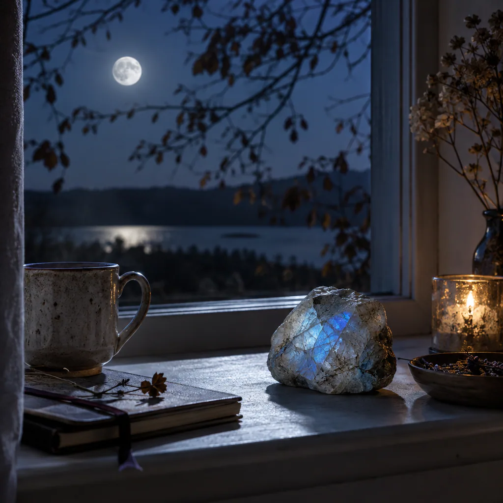 Pierre naturelle et carnet près d’une fenêtre éclairée par la lune