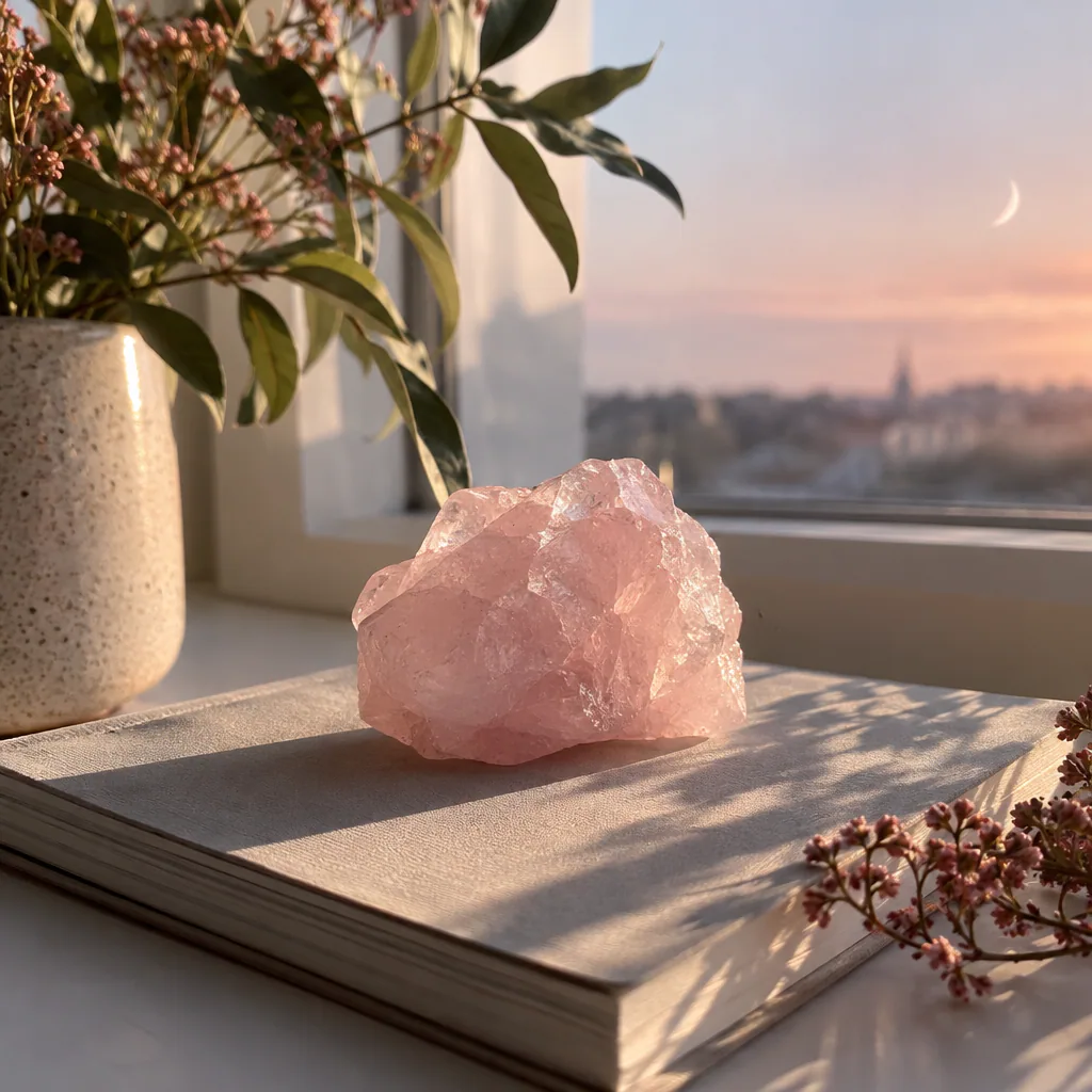 Quartz rose près d’un carnet et d’une fenêtre dans une lumière lunaire