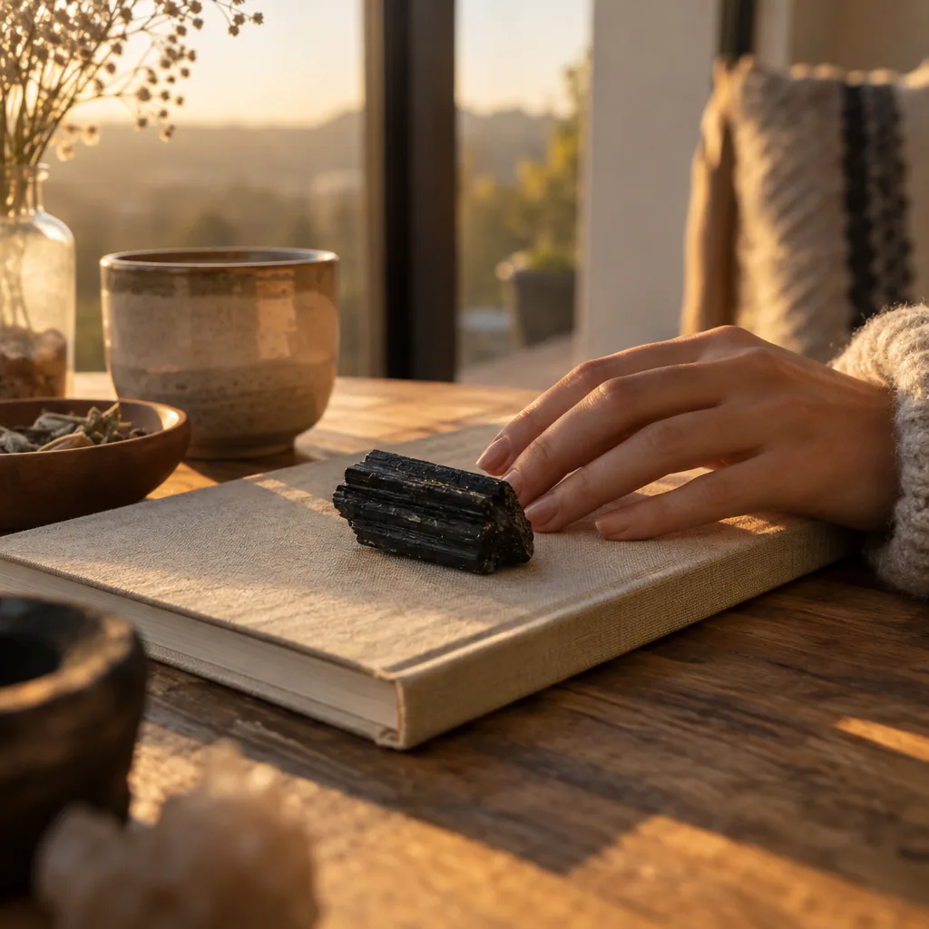 Main près d’une tourmaline noire et d’un carnet dans une lumière de fin de journée