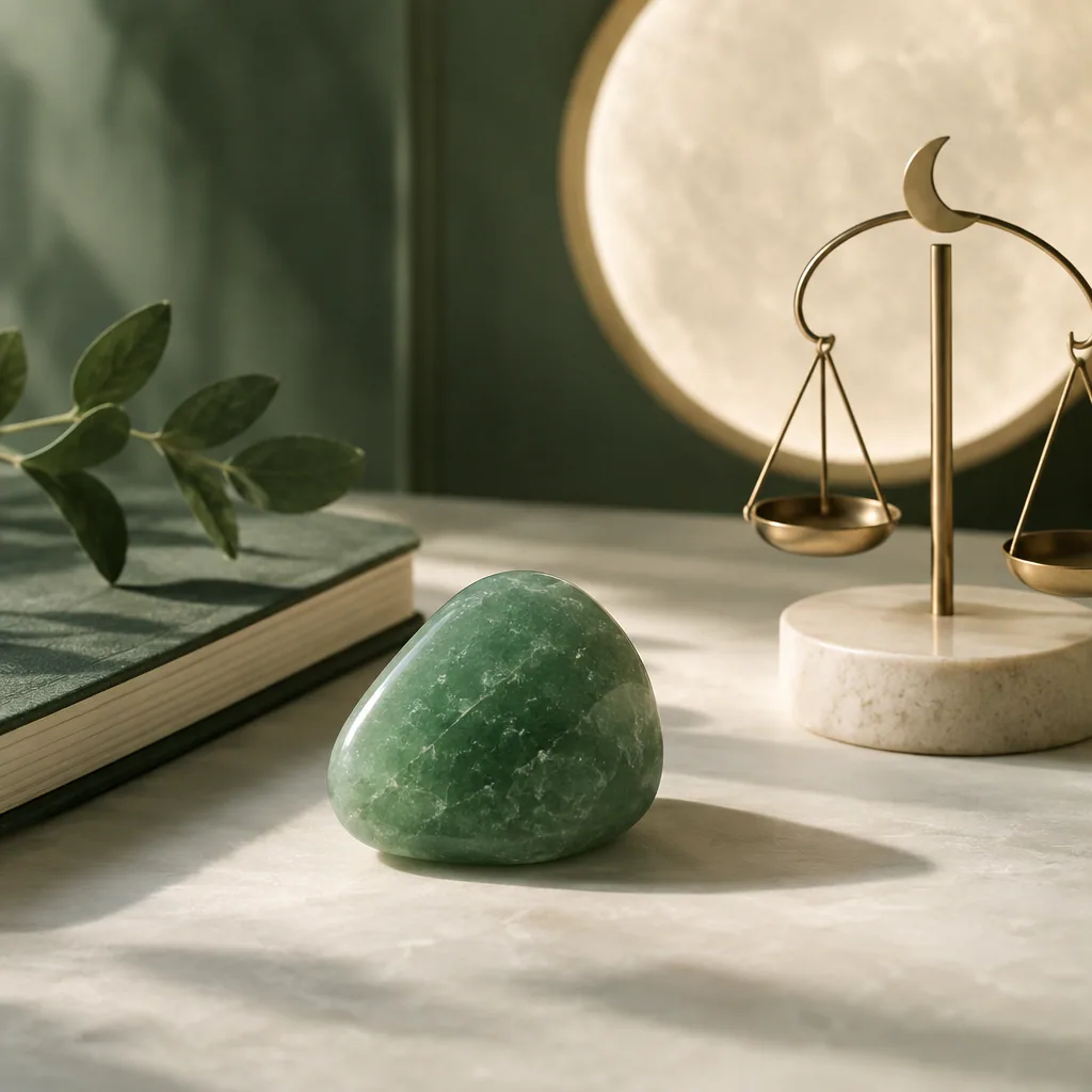 Aventurine verte et symboles d’équilibre dans une ambiance lunaire
