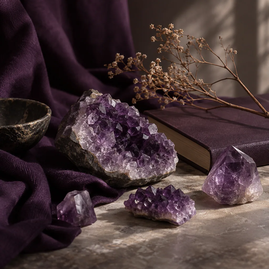 Facettes d’améthyste dans une composition aux tons violets et naturels