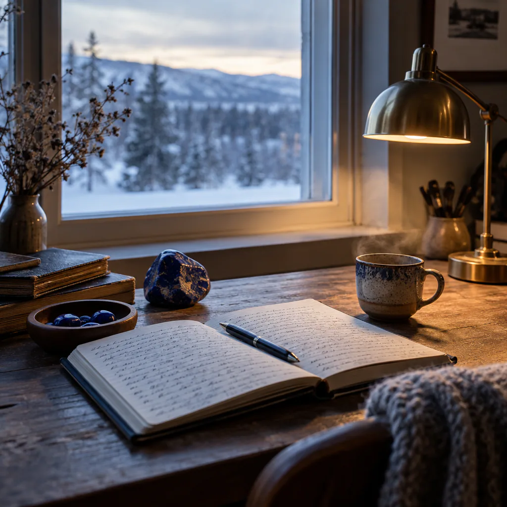 Carnet, lapis-lazuli et tasse dans une atmosphère hivernale contemplative