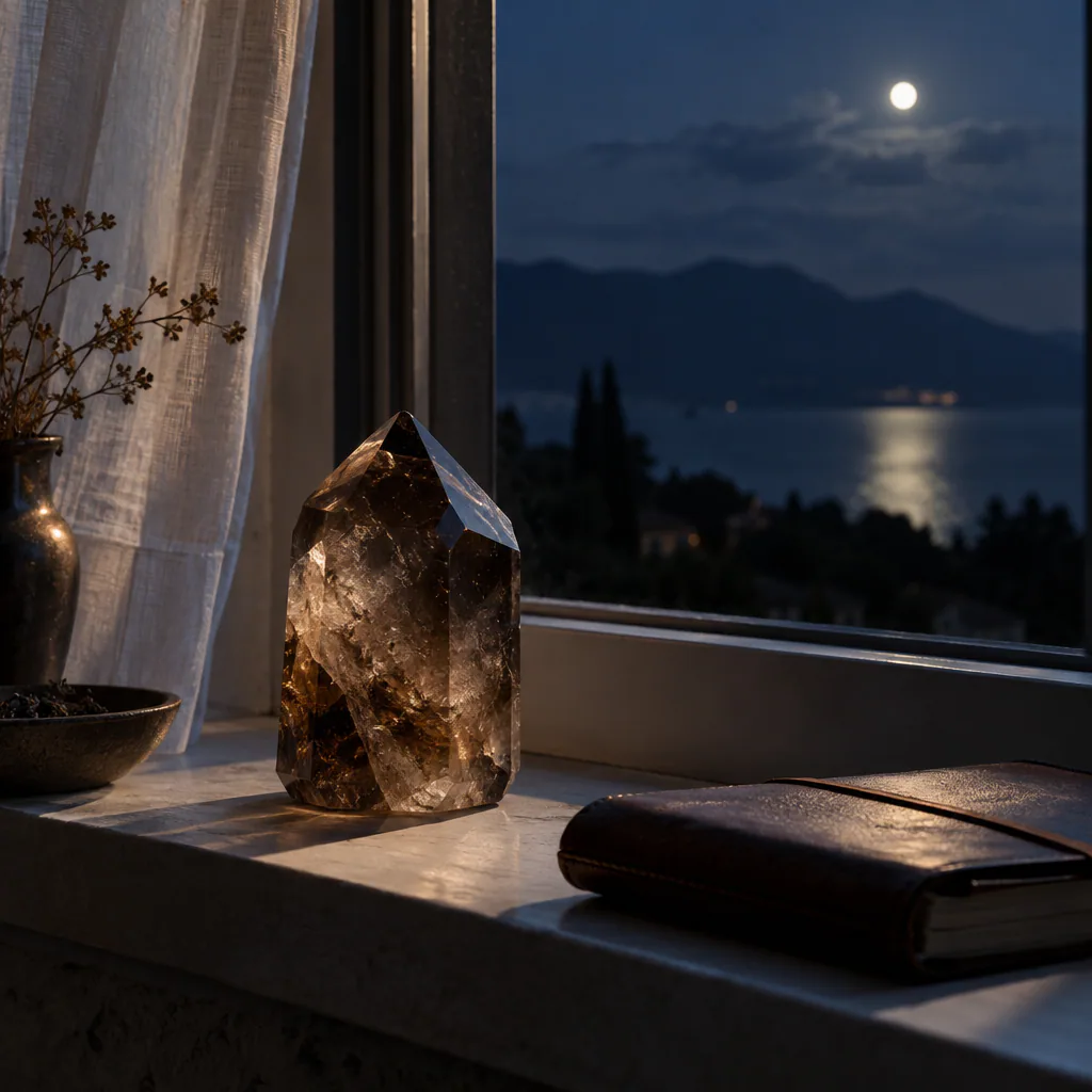Quartz fumé posé près d’une fenêtre dans une atmosphère de lune décroissante