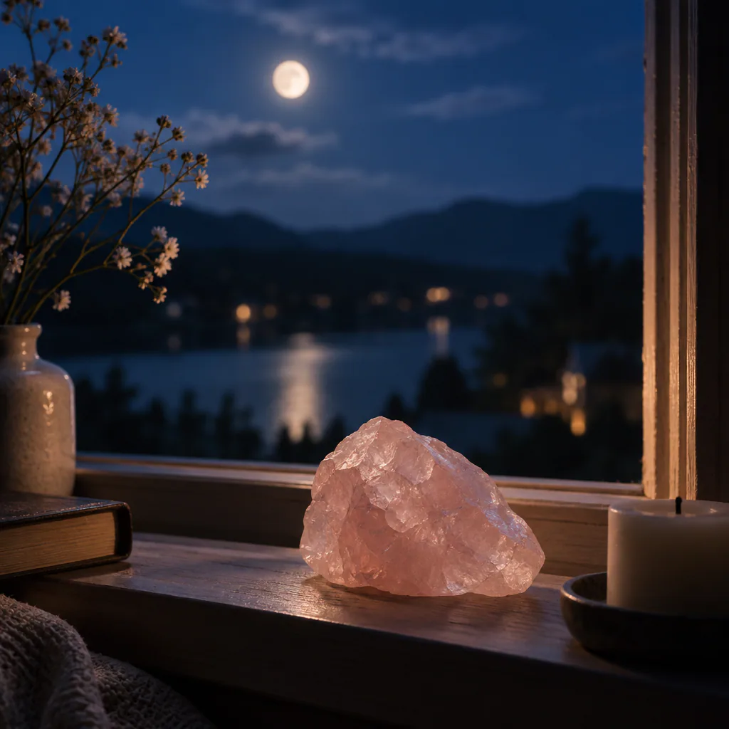 Quartz rose posé près d’une fenêtre sous une lumière de lune