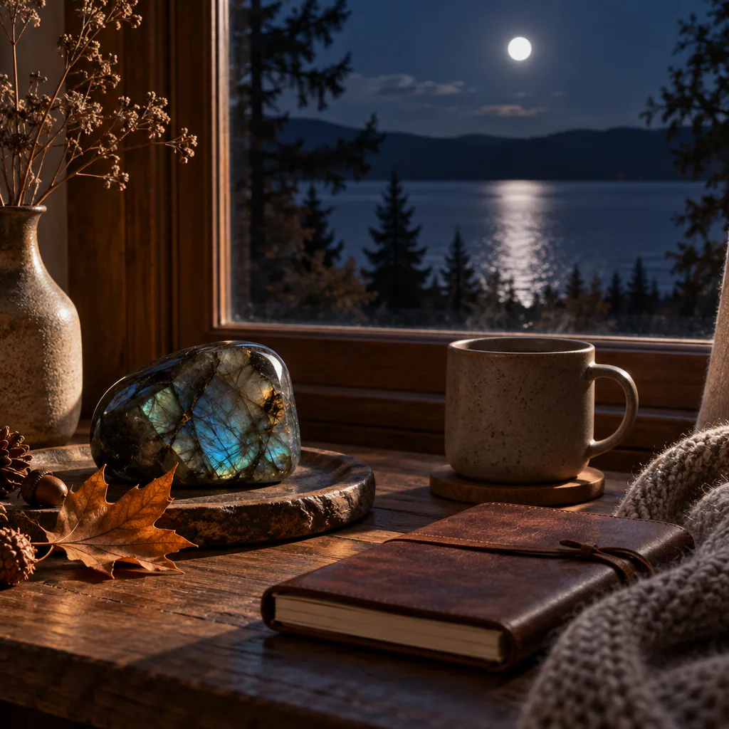 Labradorite, carnet et éléments naturels dans une ambiance de saison