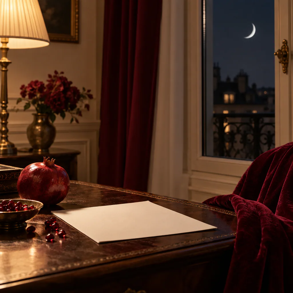 Grenat accompagné d’une feuille d’intention dans une lumière lunaire