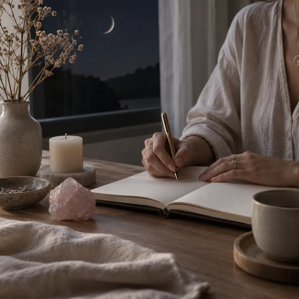 Mains écrivant une intention à côté d’un quartz rose