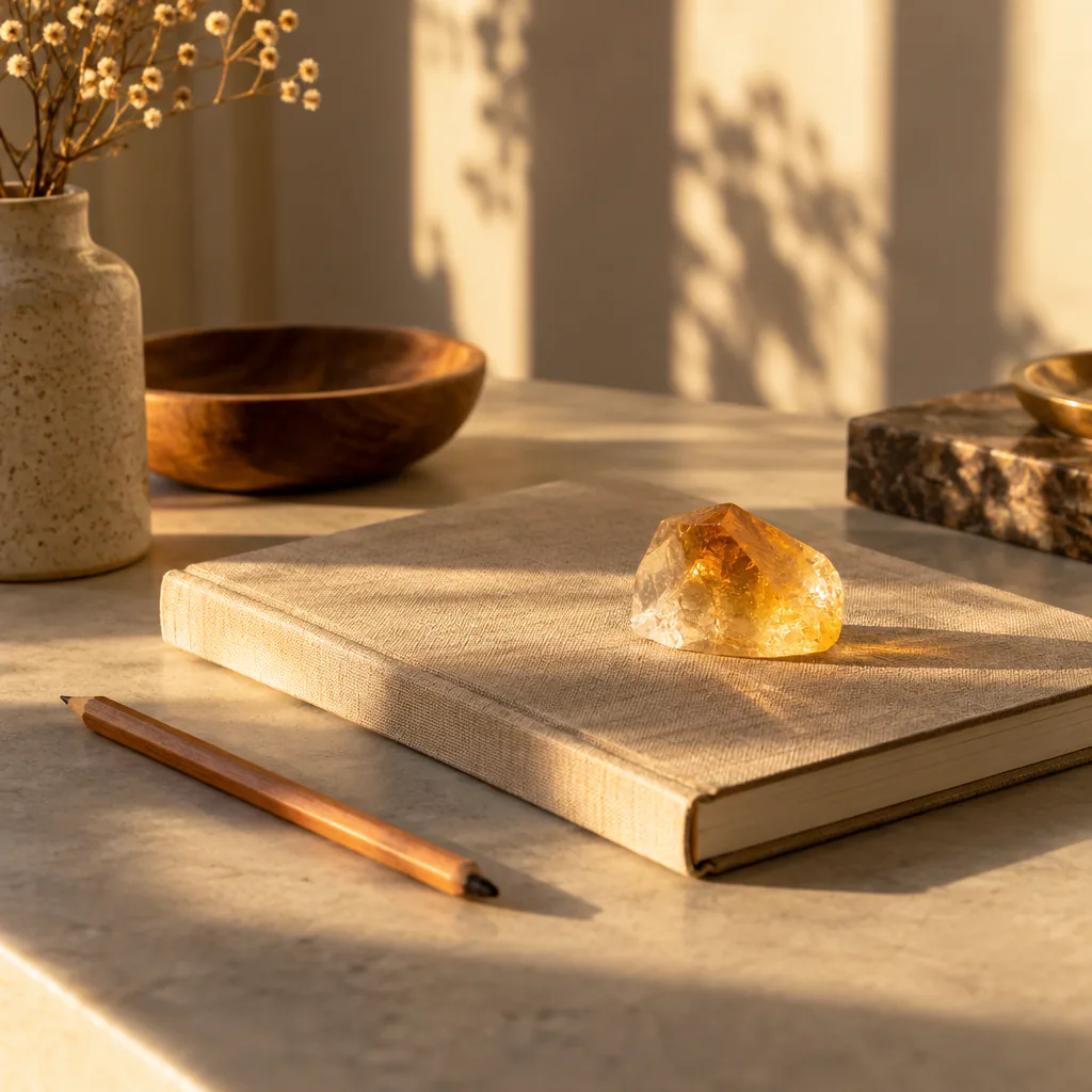 Citrine et carnet dans la lumière de fin de journée
