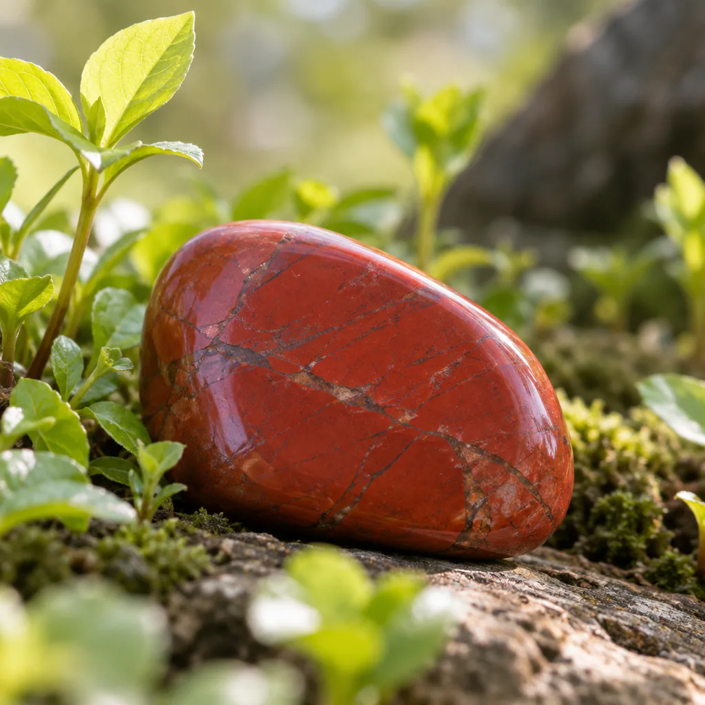 Un jaspe rouge repose parmi de jeunes feuilles au printemps