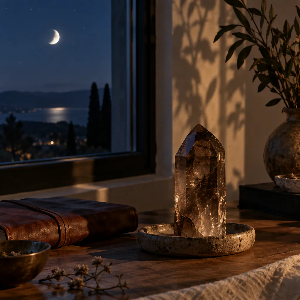 Quartz fumé près d’une fenêtre sous un ciel nocturne